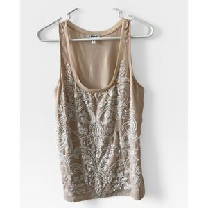 Express Tan Sequin Beaded Damask Tank Top Sleeveless Scoop Neck Womens Medium